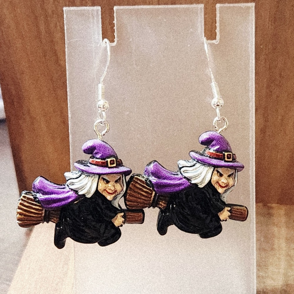 Handmade Flying Witch on Broomstick Drop Earrings Purple Black Silver Tone